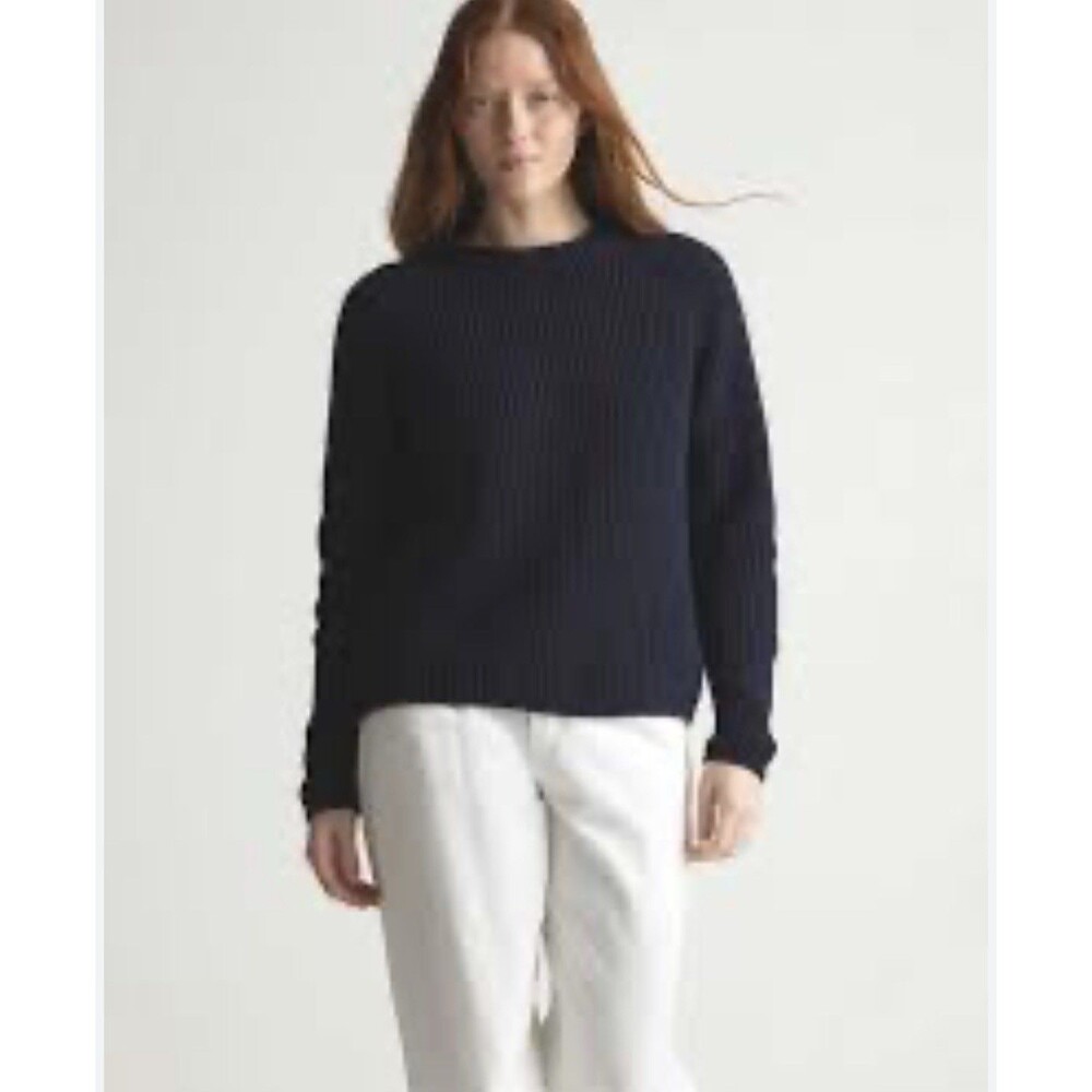 Quince Women 100% Organic Cotton Fisherman Crew Sweater Navy Sleeved Top M